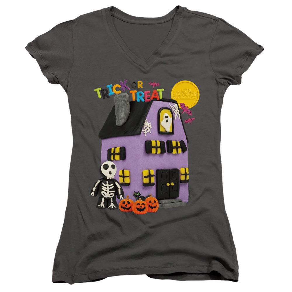 Play Doh Trick or Treat Junior Sheer Cap Sleeve V-Neck Womens T Shirt Charcoal