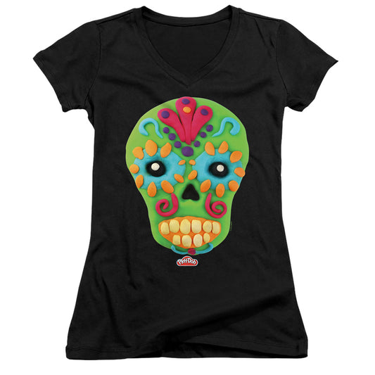 Play Doh Sugar Skull Junior Sheer Cap Sleeve V-Neck Womens T Shirt Black