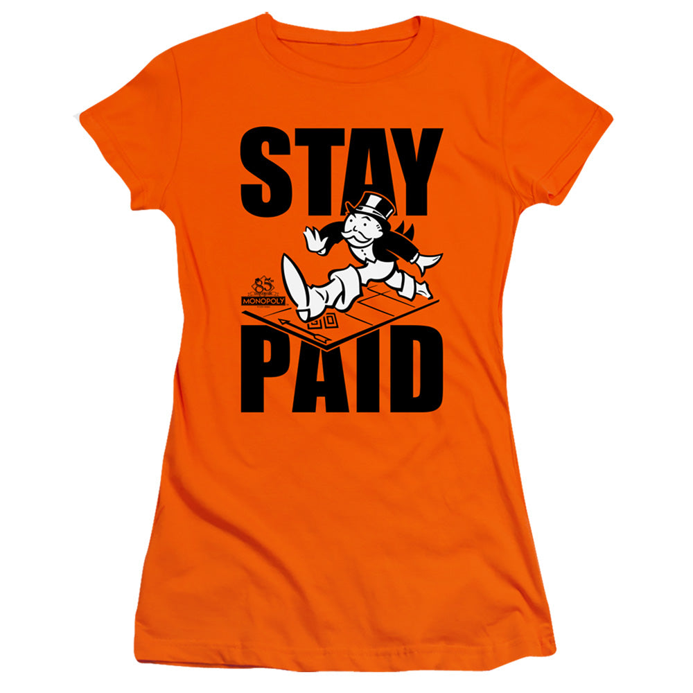 Monopoly Stay Paid Junior Sheer Cap Sleeve Womens T Shirt Orange