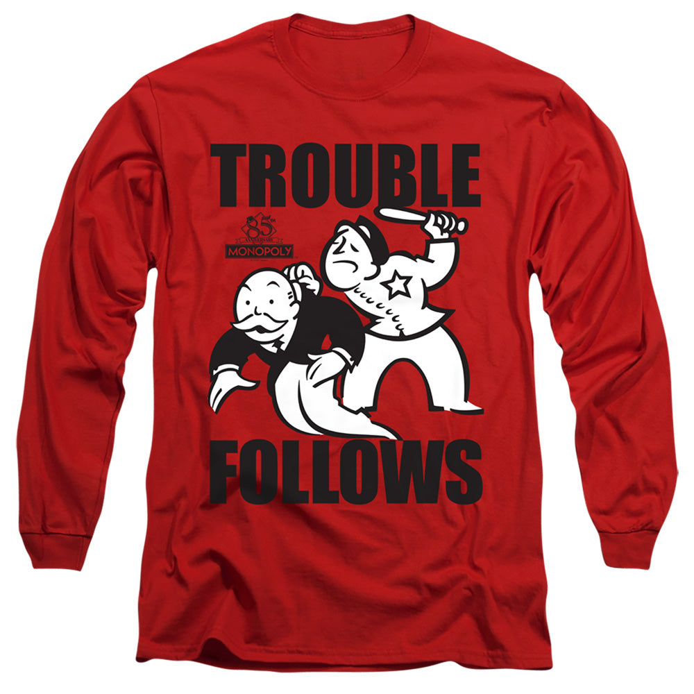 Monopoly Trouble Follows Mens Long Sleeve Shirt Red