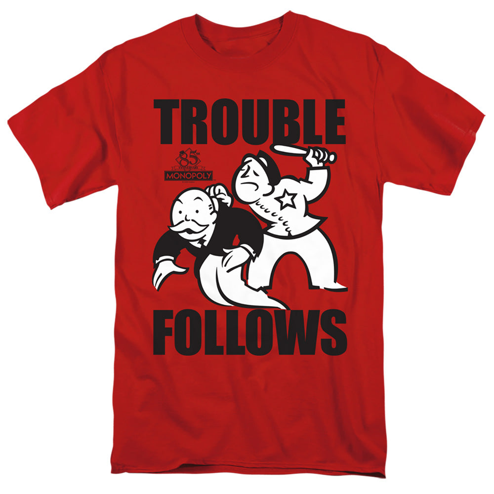 Monopoly Trouble Follows Mens T Shirt Red