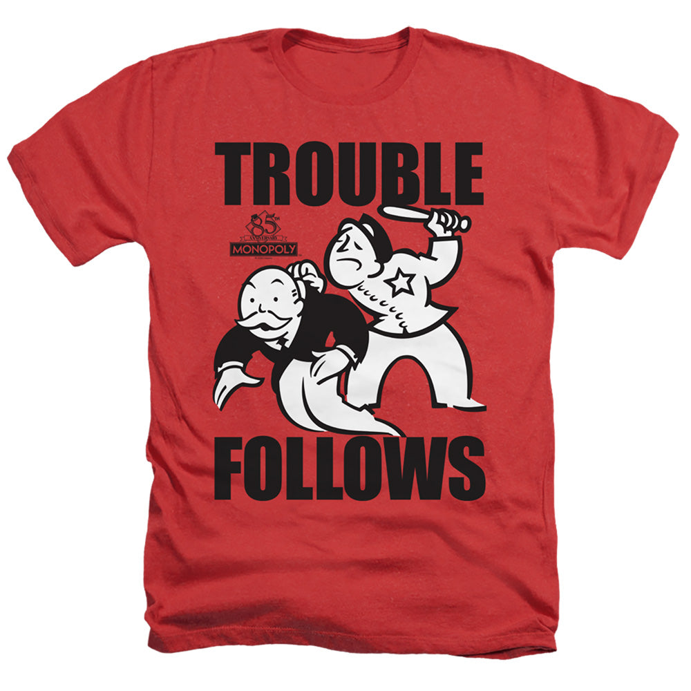 Monopoly Trouble Follows Heather Mens T Shirt Red