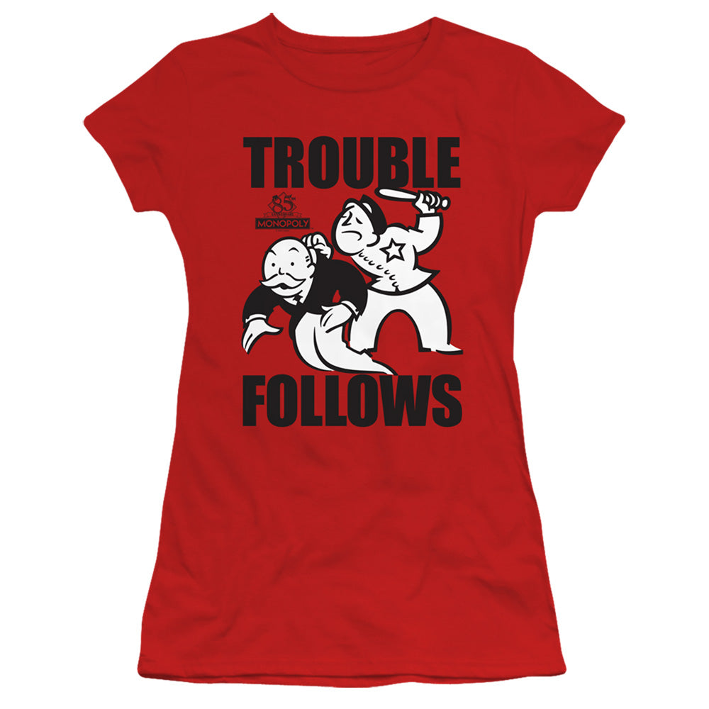 Monopoly Trouble Follows Junior Sheer Cap Sleeve Womens T Shirt Red