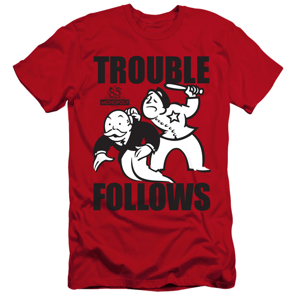 Monopoly Trouble Follows Premium Bella Canvas Slim Fit Mens T Shirt Red