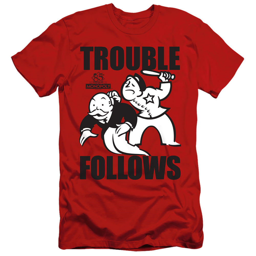 Monopoly Trouble Follows Slim Fit Mens T Shirt Red