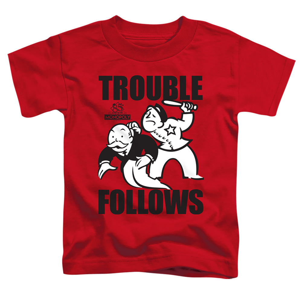 Monopoly Trouble Follows Toddler Kids Youth T Shirt Red