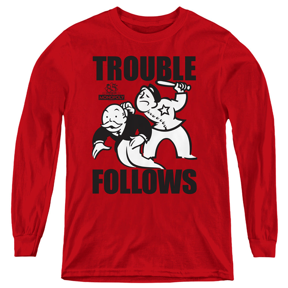 Monopoly Trouble Follows Long Sleeve Kids Youth T Shirt Red