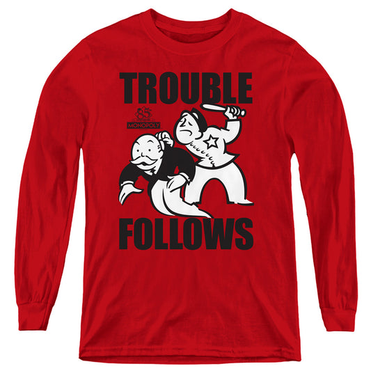 Monopoly Trouble Follows Long Sleeve Kids Youth T Shirt Red