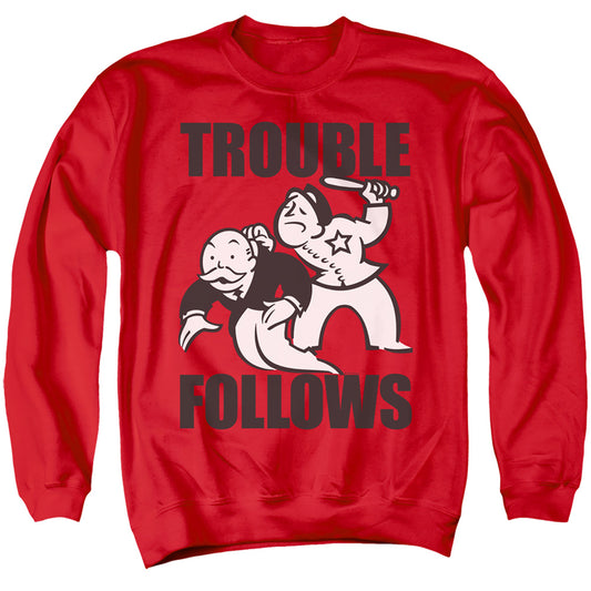 Monopoly Trouble Follows Evergreen Mens Crewneck Sweatshirt Red