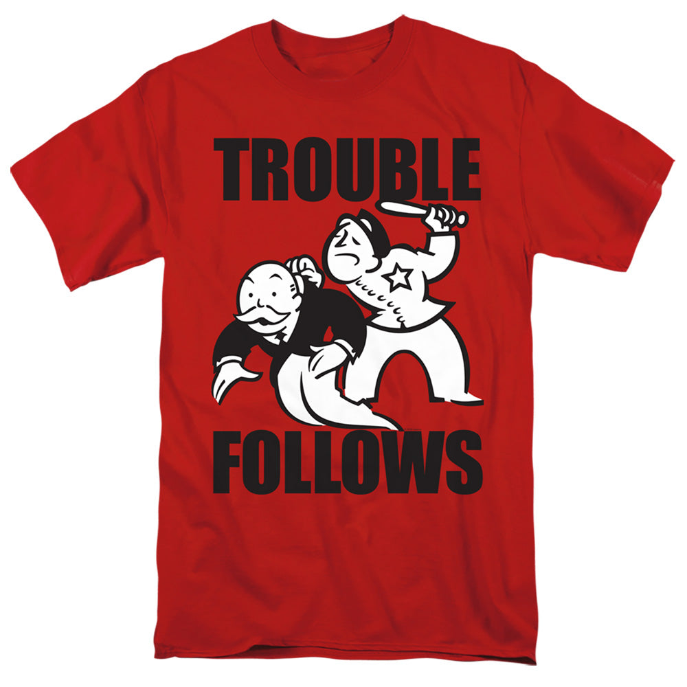 Monopoly Trouble Follows Evergreen Mens T Shirt Red