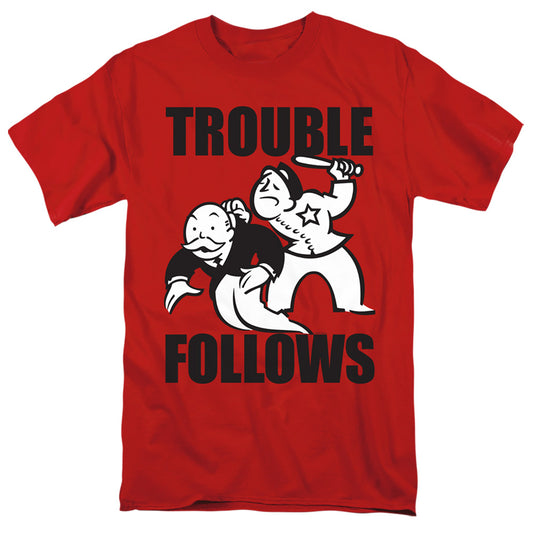 Monopoly Trouble Follows Evergreen Mens T Shirt Red