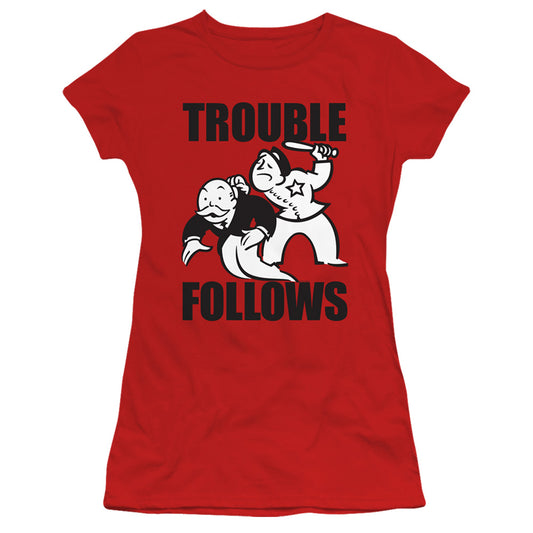 Monopoly Trouble Follows Evergreen Junior Sheer Cap Sleeve Womens T Shirt Red