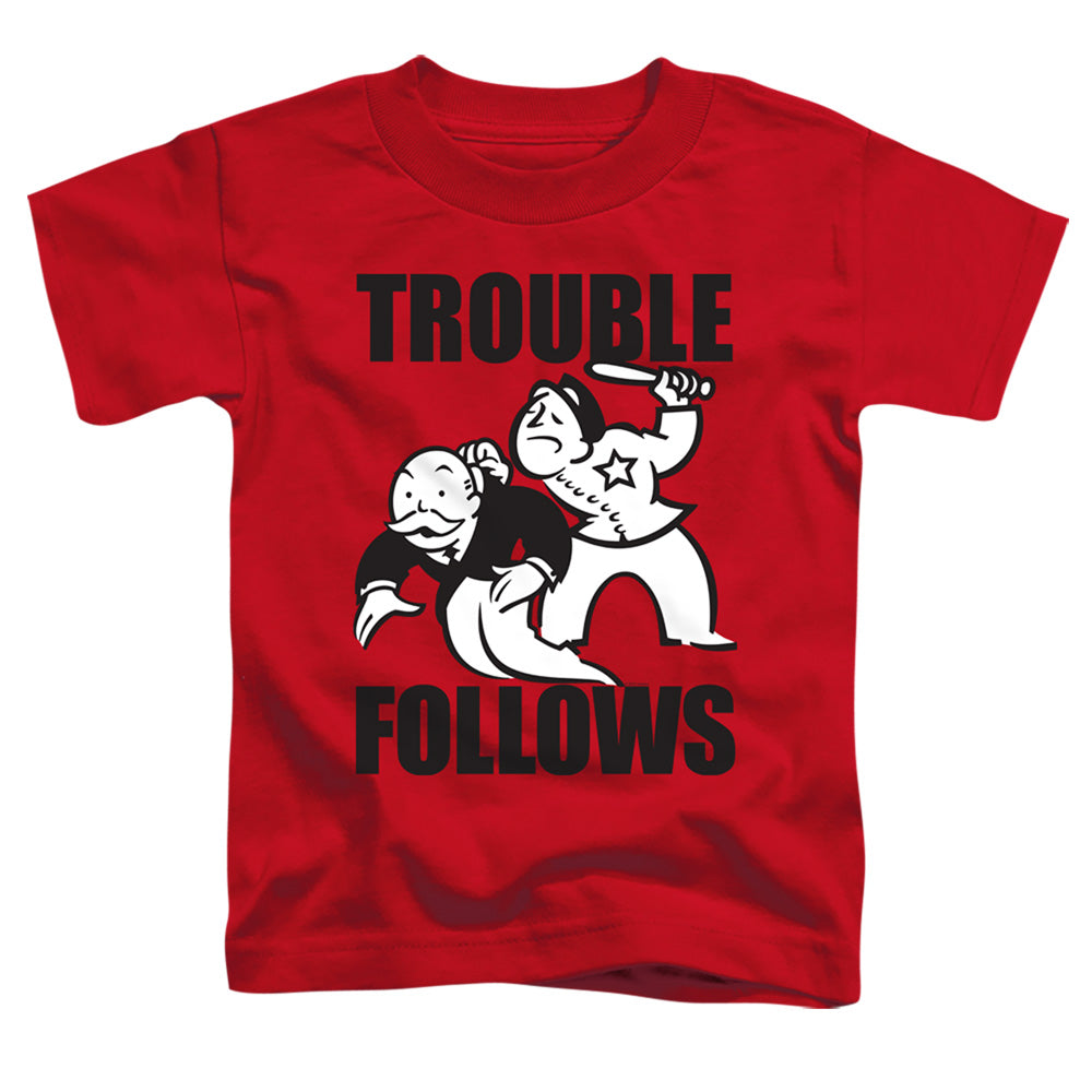 Monopoly Trouble Follows Evergreen Toddler Kids Youth T Shirt Red