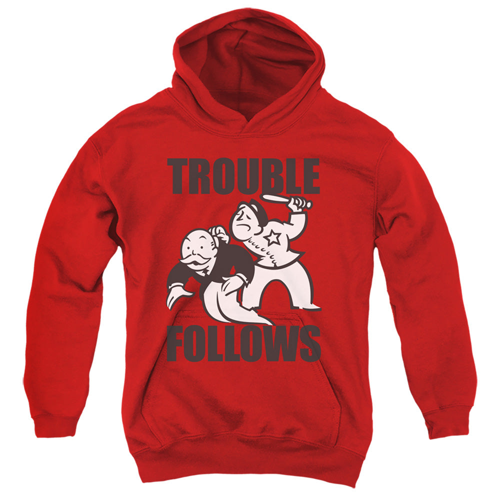 Monopoly Trouble Follows Evergreen Kids Youth Hoodie Red