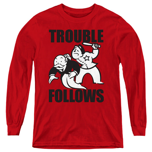 Monopoly Trouble Follows Evergreen Long Sleeve Kids Youth T Shirt Red