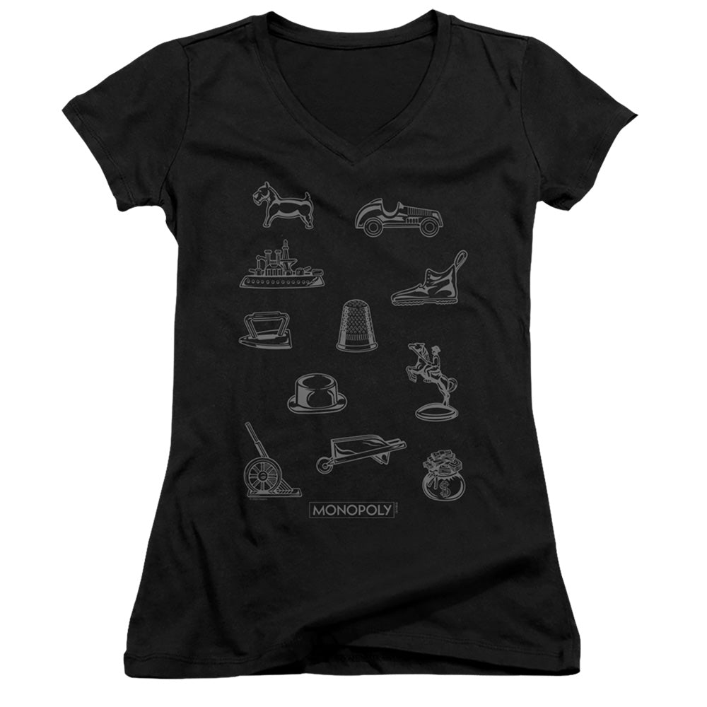 Monopoly Token Junior Sheer Cap Sleeve V-Neck Womens T Shirt Black