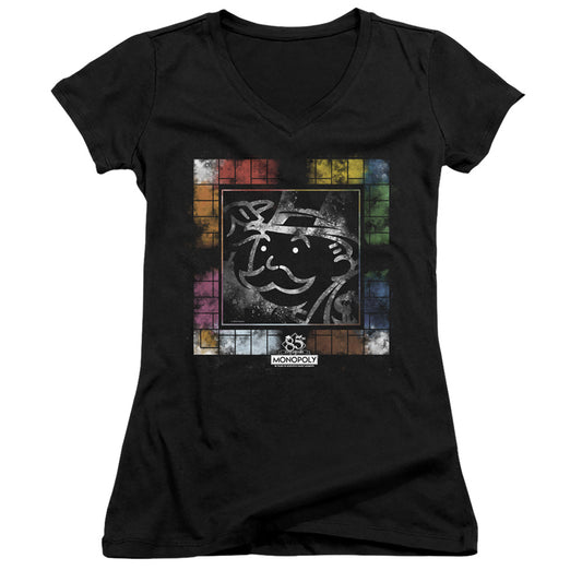 Monopoly Dusty Game Board Junior Sheer Cap Sleeve V-Neck Womens T Shirt Black