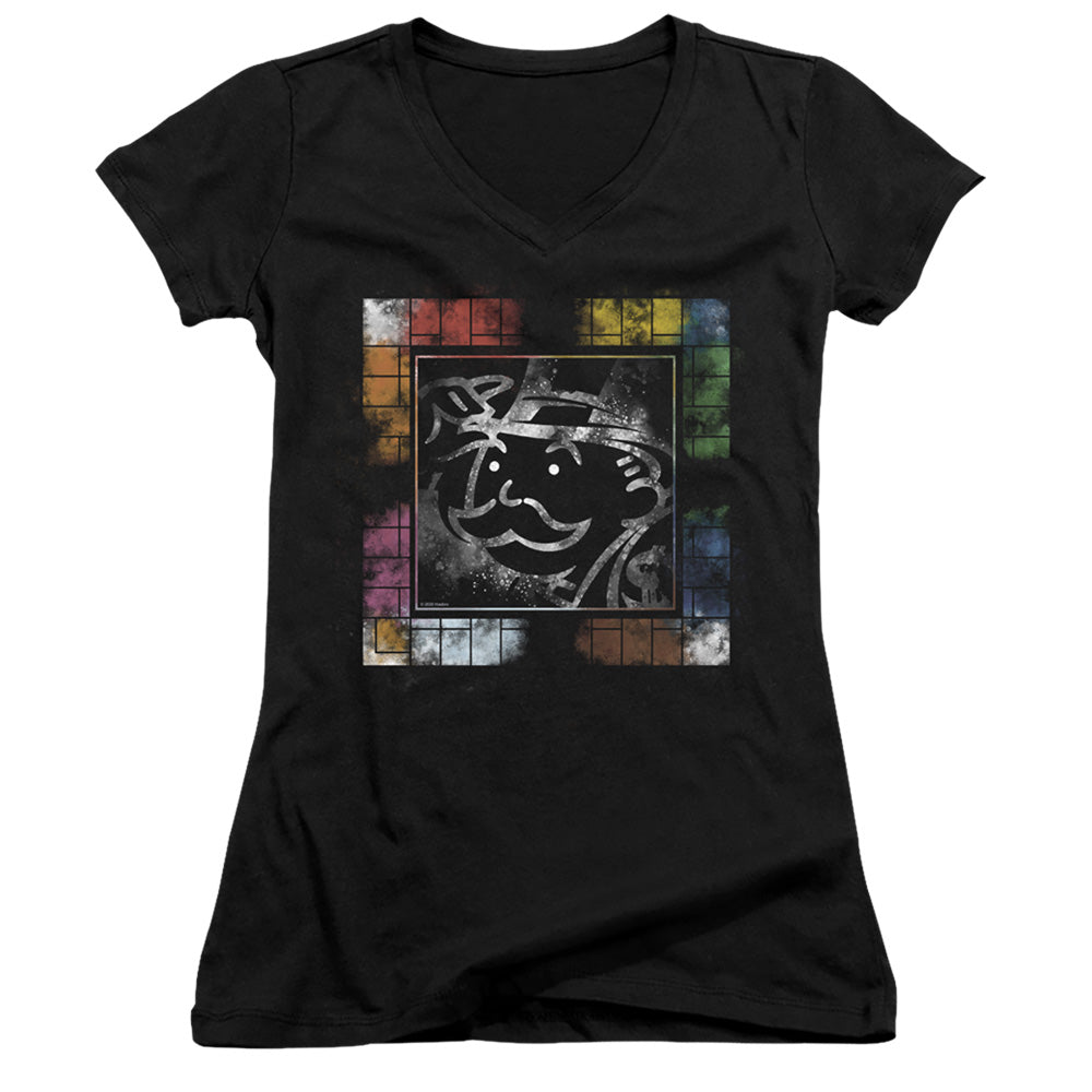 Monopoly Dusty Game Board No Logo Junior Sheer Cap Sleeve V-Neck Womens T Shirt Black