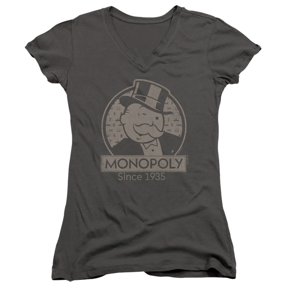 Monopoly Wink Junior Sheer Cap Sleeve V-Neck Womens T Shirt Charcoal