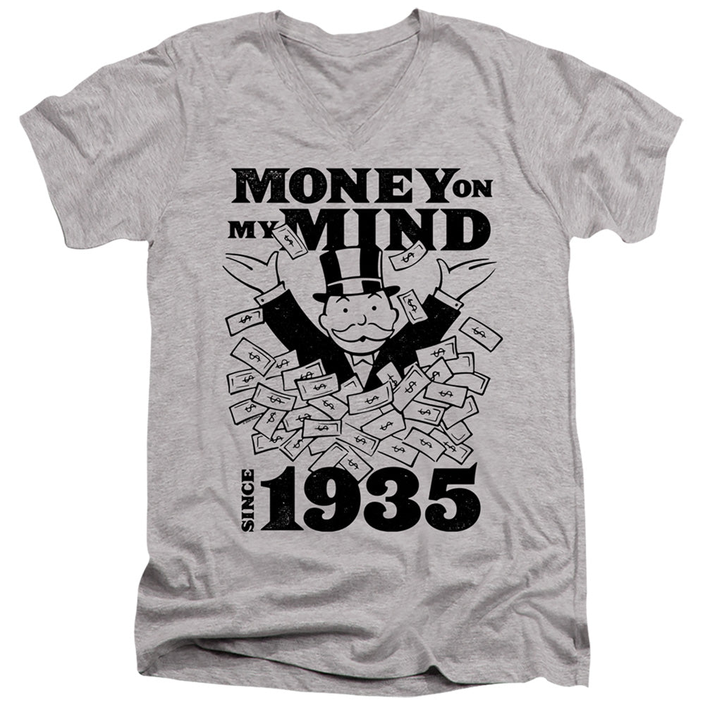 Monopoly Money Mind Since 35 Mens Slim Fit V-Neck T Shirt Athletic Heather