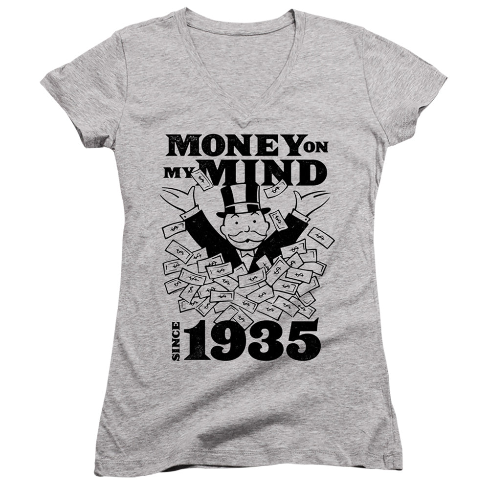 Monopoly Money Mind Since 35 Junior Sheer Cap Sleeve V-Neck Womens T Shirt Athletic Heather