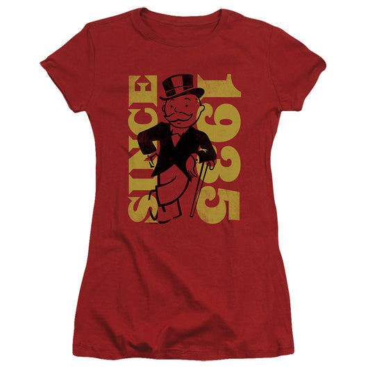 Monopoly Since 1935 Junior Sheer Cap Sleeve Womens T Shirt Cardinal