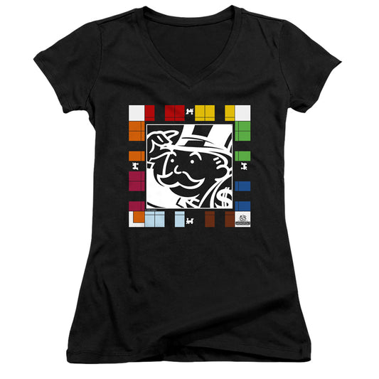 Monopoly Game Board Junior Sheer Cap Sleeve V-Neck Womens T Shirt Black