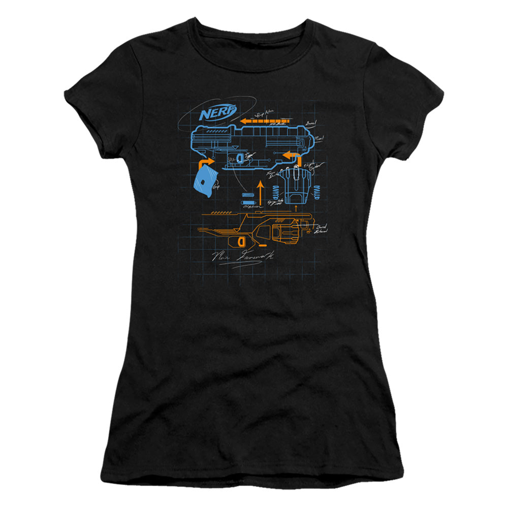 Nerf Deconstructed Nerf Gun Junior Sheer Cap Sleeve Womens T Shirt Black