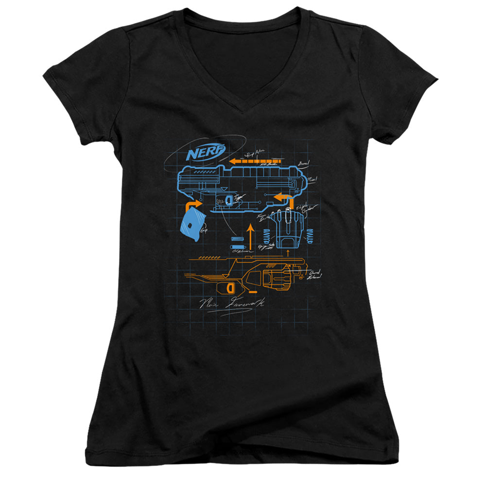 Nerf Deconstructed Nerf Gun Junior Sheer Cap Sleeve V-Neck Womens T Shirt Black