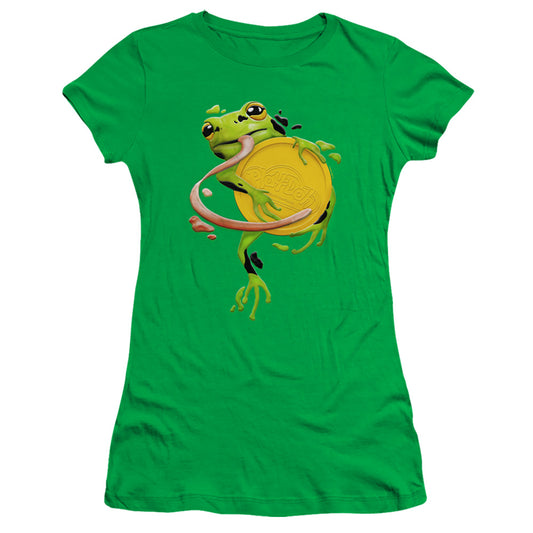 Play Doh Frog Hugging Play Doh Lid Junior Sheer Cap Sleeve Womens T Shirt Kelly Green