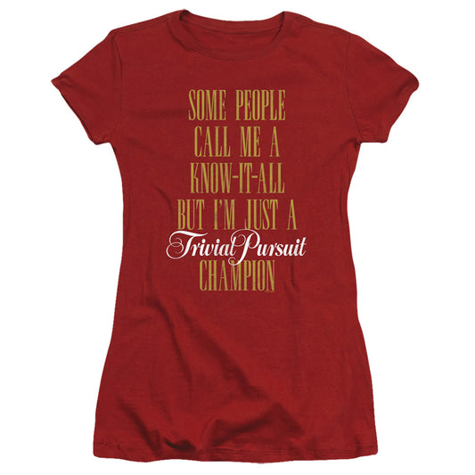 Trivial Pursuit Know It All Junior Sheer Cap Sleeve Womens T Shirt Cardinal