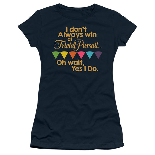 Trivial Pursuit I Always Win Junior Sheer Cap Sleeve Womens T Shirt Navy