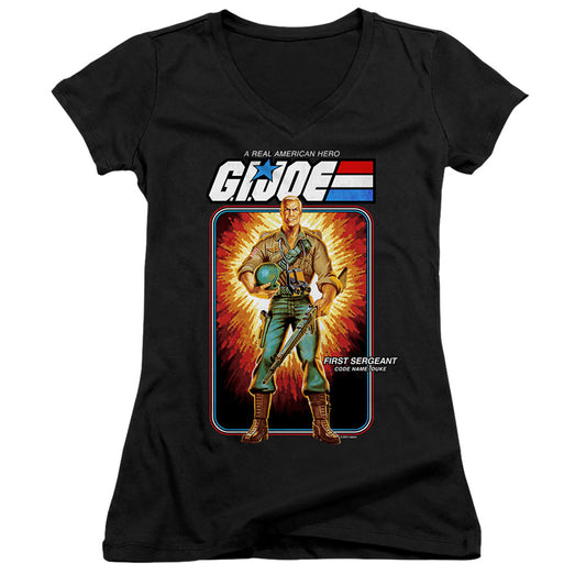 G.I. Joe Duke Card Junior Sheer Cap Sleeve V-Neck Womens T Shirt Black