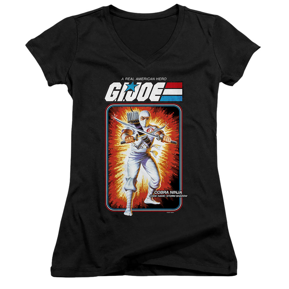 G.I. Joe Storm Shadow Card Junior Sheer Cap Sleeve V-Neck Womens T Shirt Black