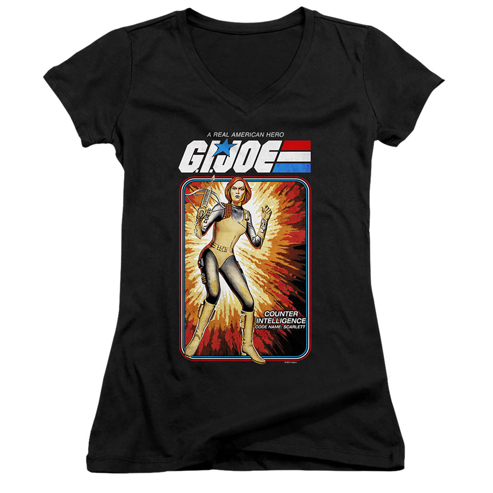 G.I. Joe Scarlett Card Junior Sheer Cap Sleeve V-Neck Womens T Shirt Black