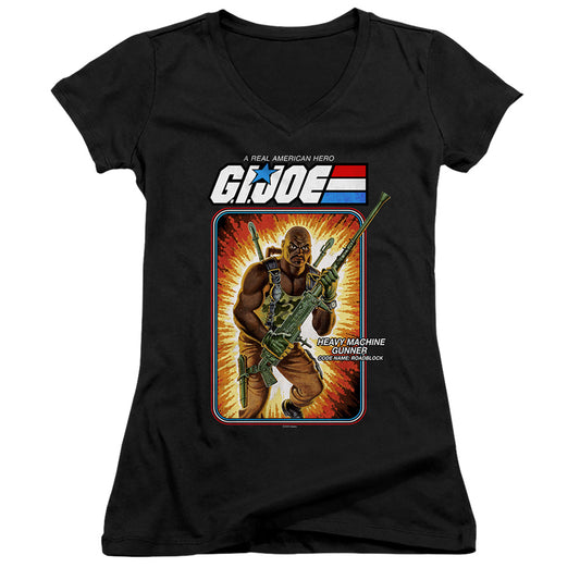 G.I. Joe Roadblock Card Junior Sheer Cap Sleeve V-Neck Womens T Shirt Black