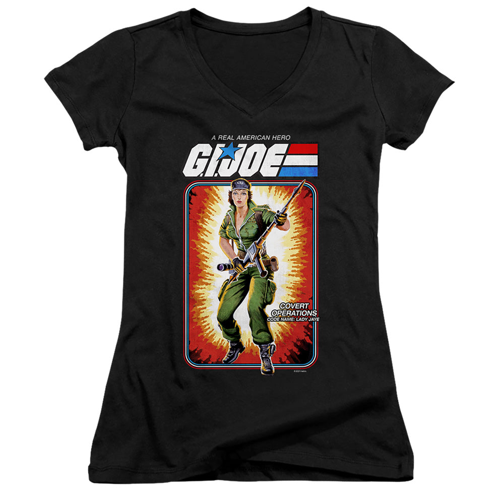 G.I. Joe Lady Jaye Card Junior Sheer Cap Sleeve V-Neck Womens T Shirt Black