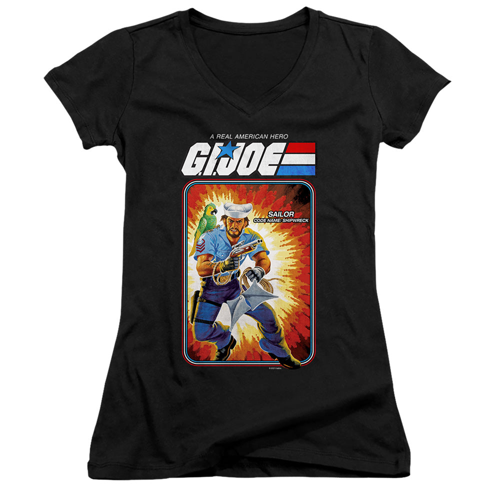 G.I. Joe Shipwreck Card Junior Sheer Cap Sleeve V-Neck Womens T Shirt Black