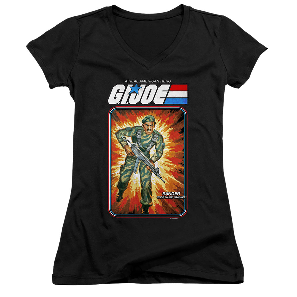 G.I. Joe Stalker Card Junior Sheer Cap Sleeve V-Neck Womens T Shirt Black