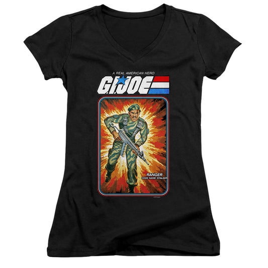 G.I. Joe Stalker Card Junior Sheer Cap Sleeve V-Neck Womens T Shirt Black