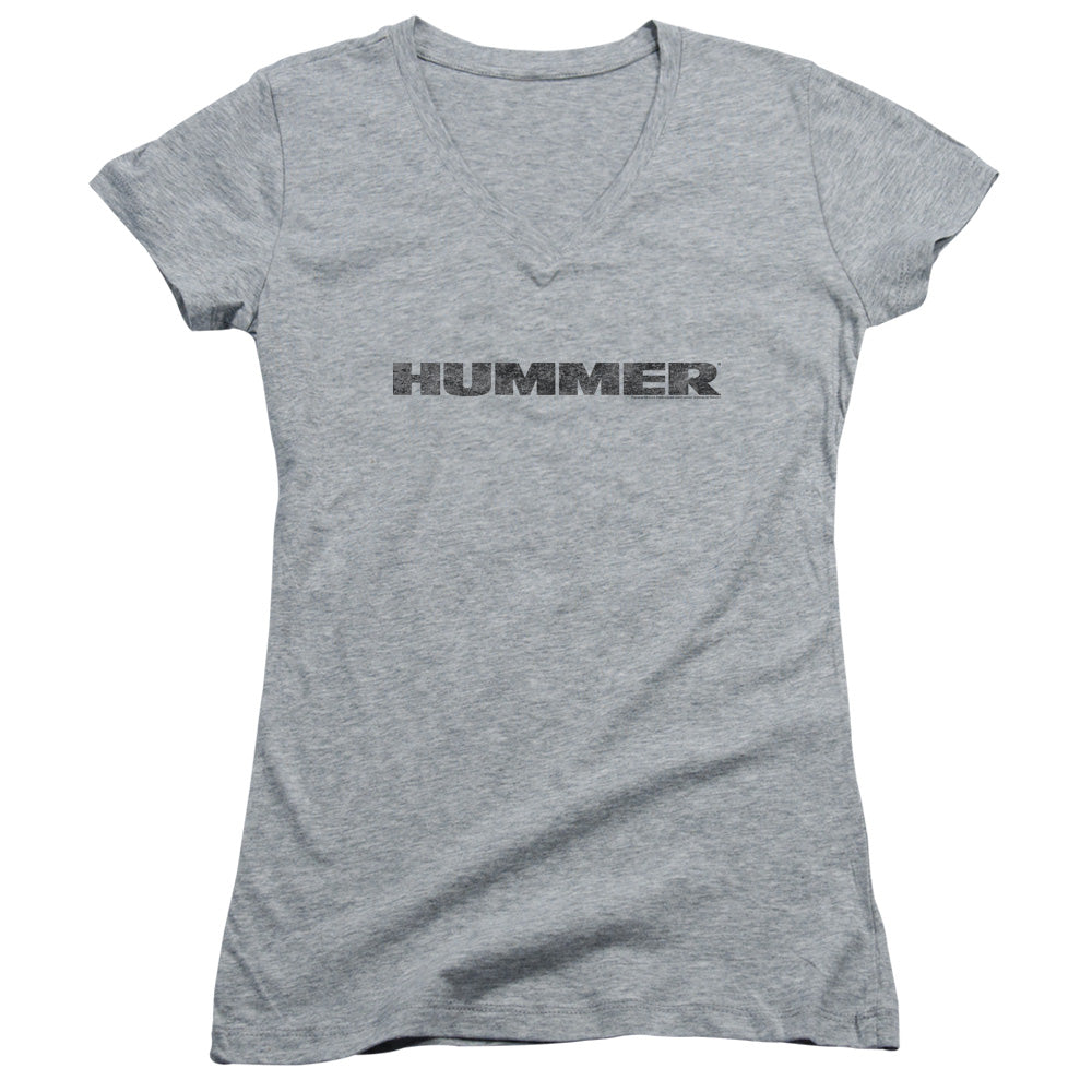 Hummer Distressed Hummer Logo Junior Sheer Cap Sleeve V-Neck Womens T Shirt Athletic Heather