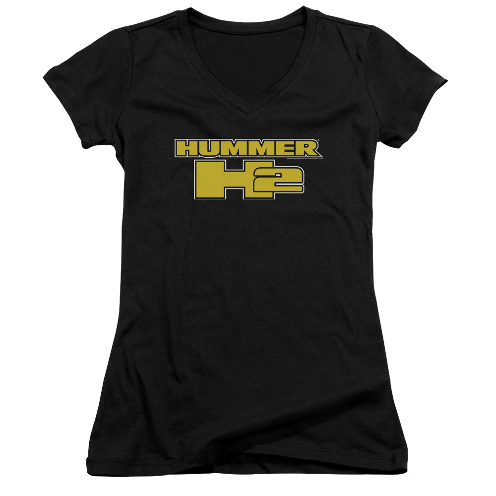 Hummer H2 Block Logo Junior Sheer Cap Sleeve V-Neck Womens T Shirt Black