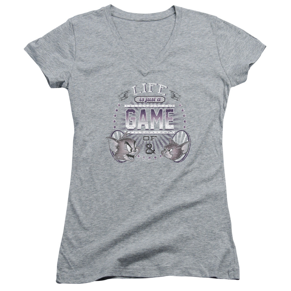 Tom and Jerry Life is a Game Junior Sheer Cap Sleeve V-Neck Womens T Shirt Athletic Heather