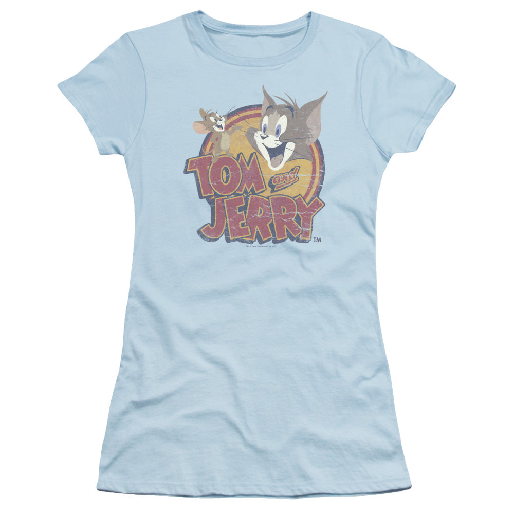 Tom and Jerry Water Damaged Junior Sheer Cap Sleeve Womens T Shirt Light Blue