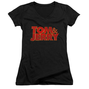 Tom And Jerry Movie Movie Logo Junior Sheer Cap Sleeve V-Neck Womens T Shirt Black