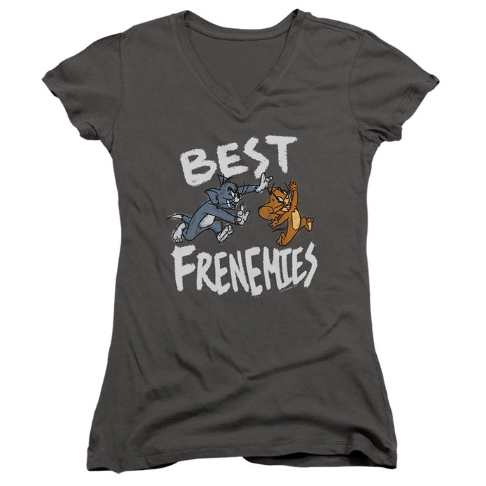 Tom And Jerry Movie Best Frenemies Junior Sheer Cap Sleeve V-Neck Womens T Shirt Charcoal