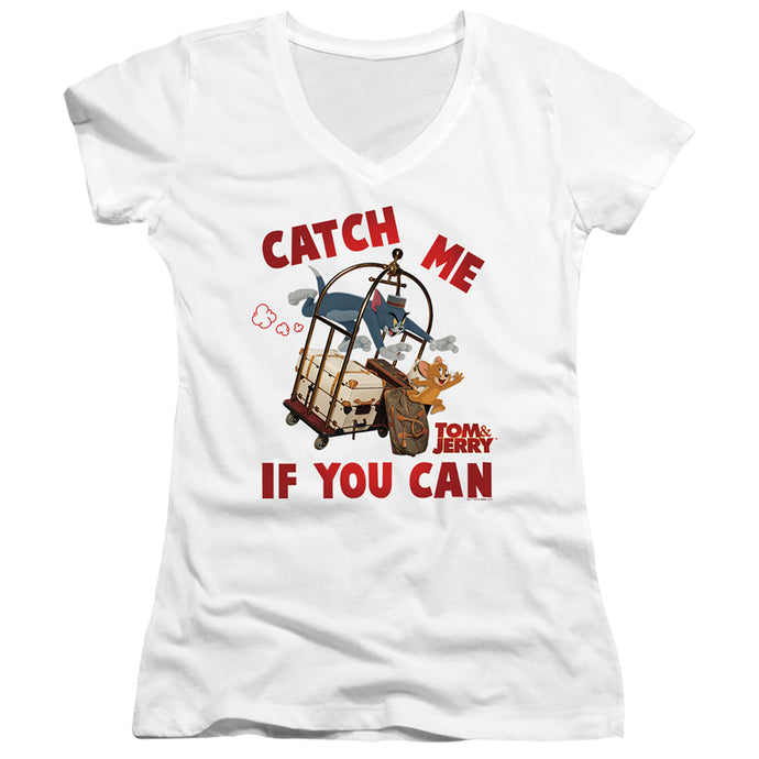 Tom And Jerry Movie Catch Me If You Can Junior Sheer Cap Sleeve V-Neck Womens T Shirt White