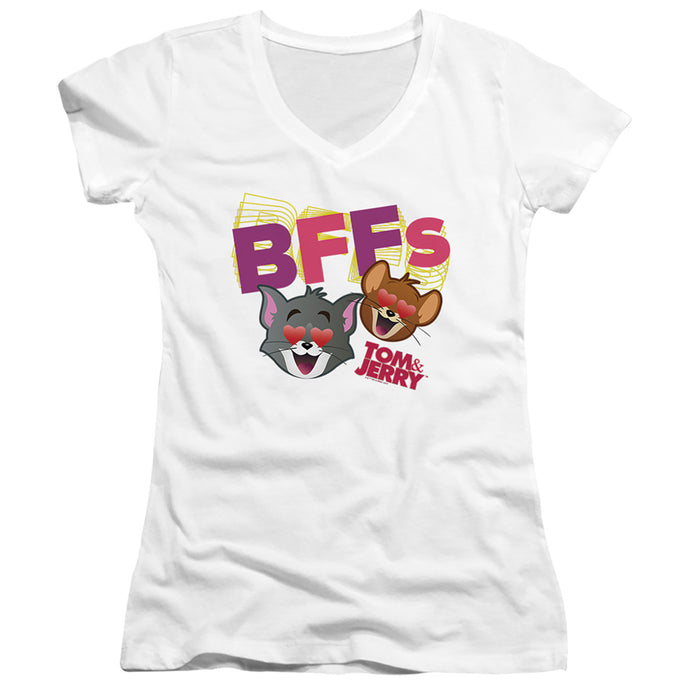 Tom And Jerry Movie Bffs Junior Sheer Cap Sleeve V-Neck Womens T Shirt White