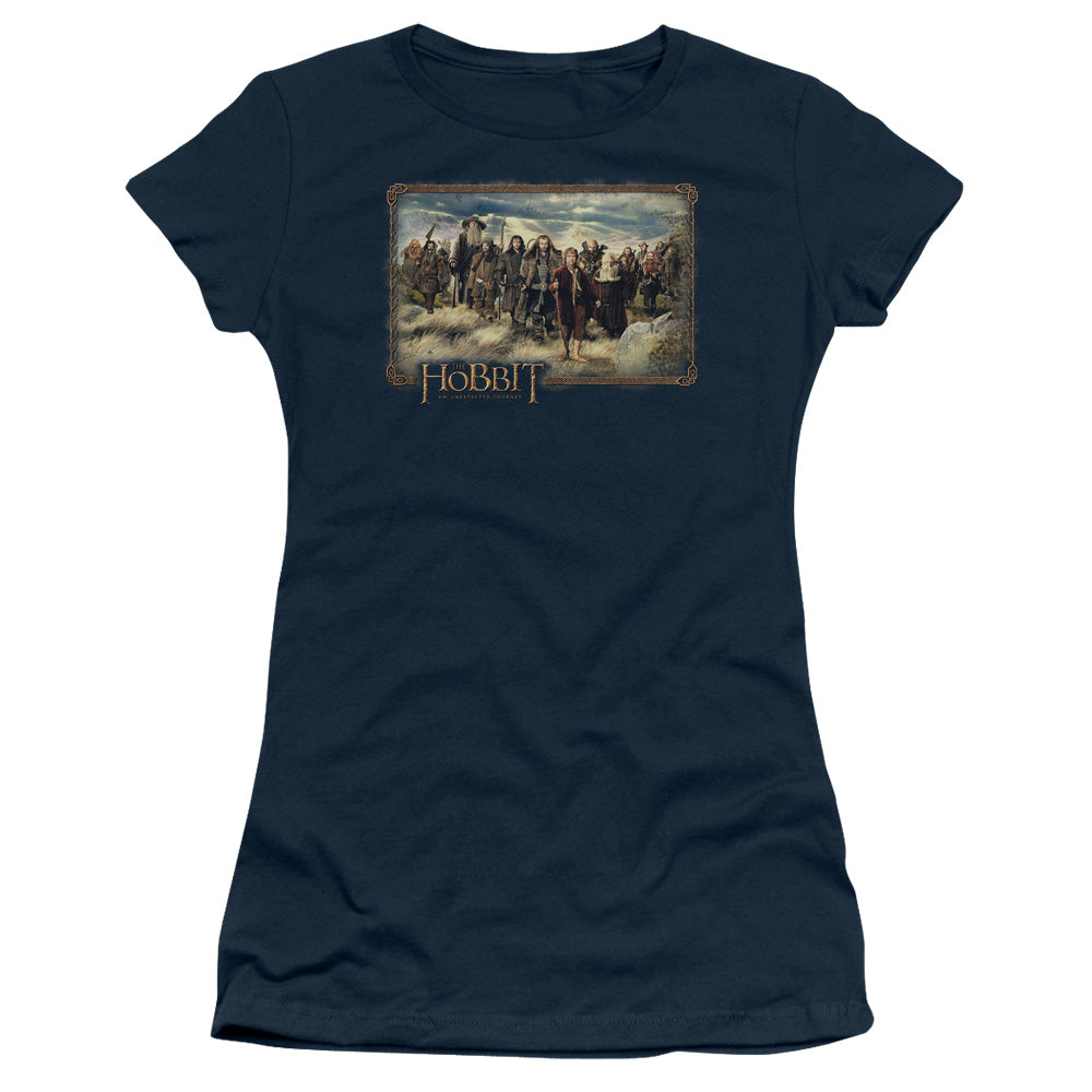 The Hobbit The Hobbit & Company Junior Sheer Cap Sleeve Womens T Shirt Navy Blue