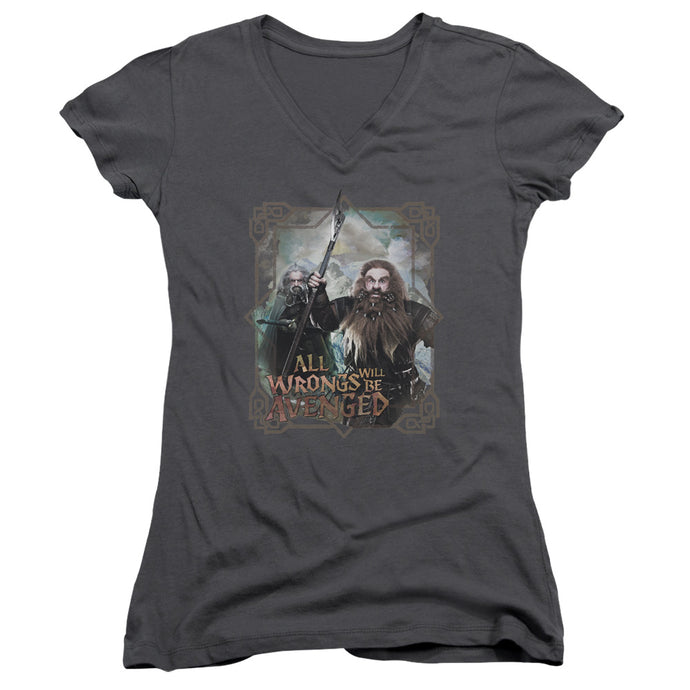 The Hobbit Wrongs Avenged Junior Sheer Cap Sleeve V-Neck Womens T Shirt Charcoal